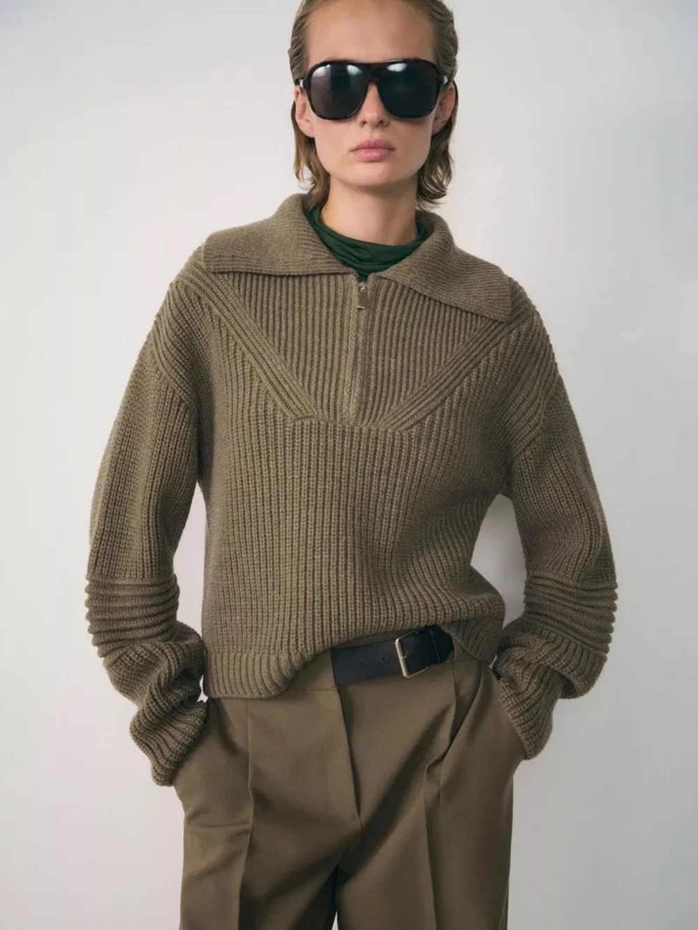 Mango Ribbed Half Zip Sweater Medium Demy Olive Green Textured Wool Blend Fall